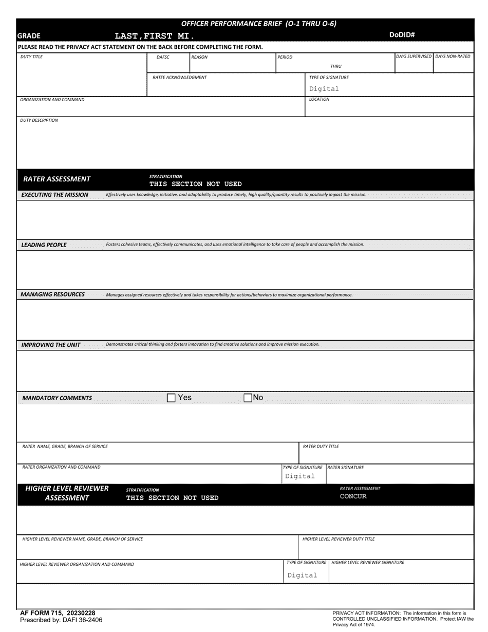 AF Form 715 Officer Performance Brief (O-1 Thru O-6), Page 1