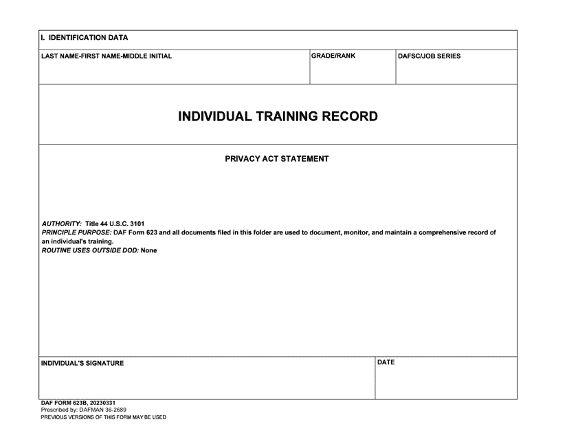 DAF Form 623B Individual Training Record