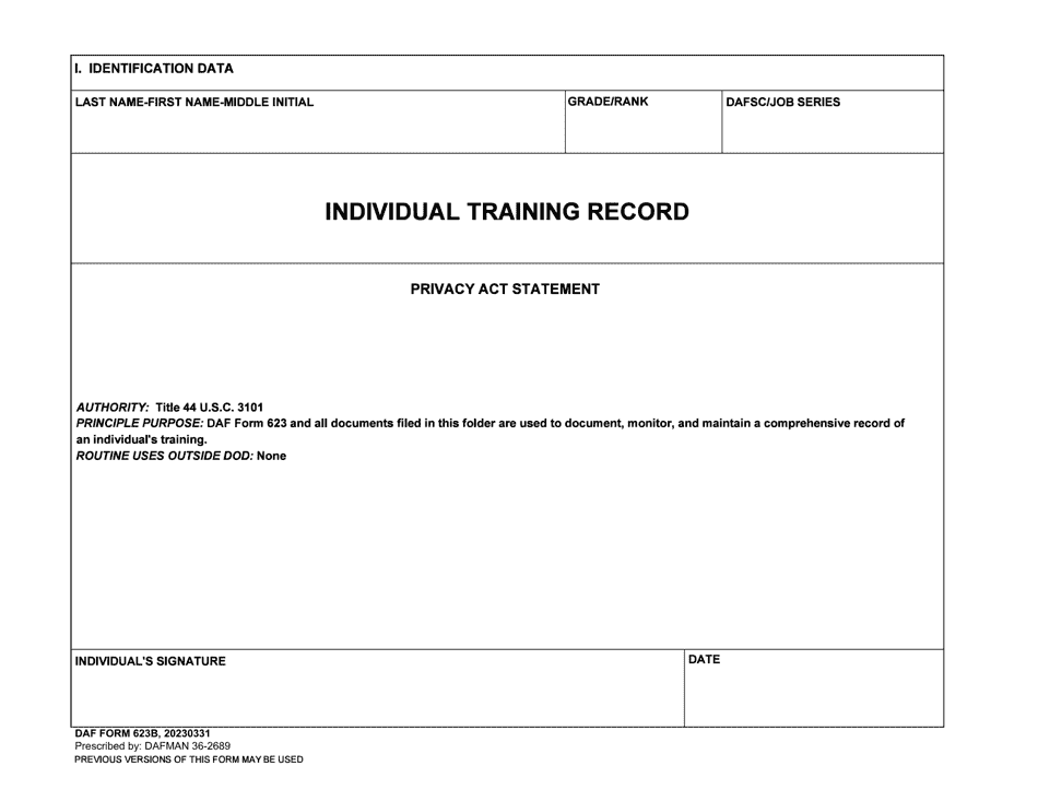DAF Form 623B Individual Training Record, Page 1