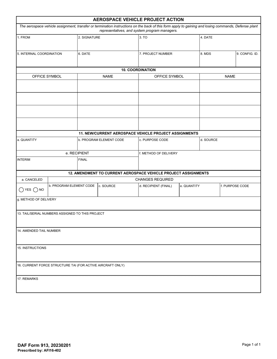 DAF Form 913 Aerospace Vehicle Project Action, Page 1