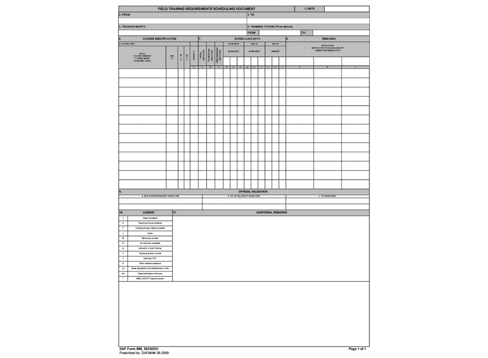 DAF Form 898 Field Training Requirements Scheduling Document, Page 1