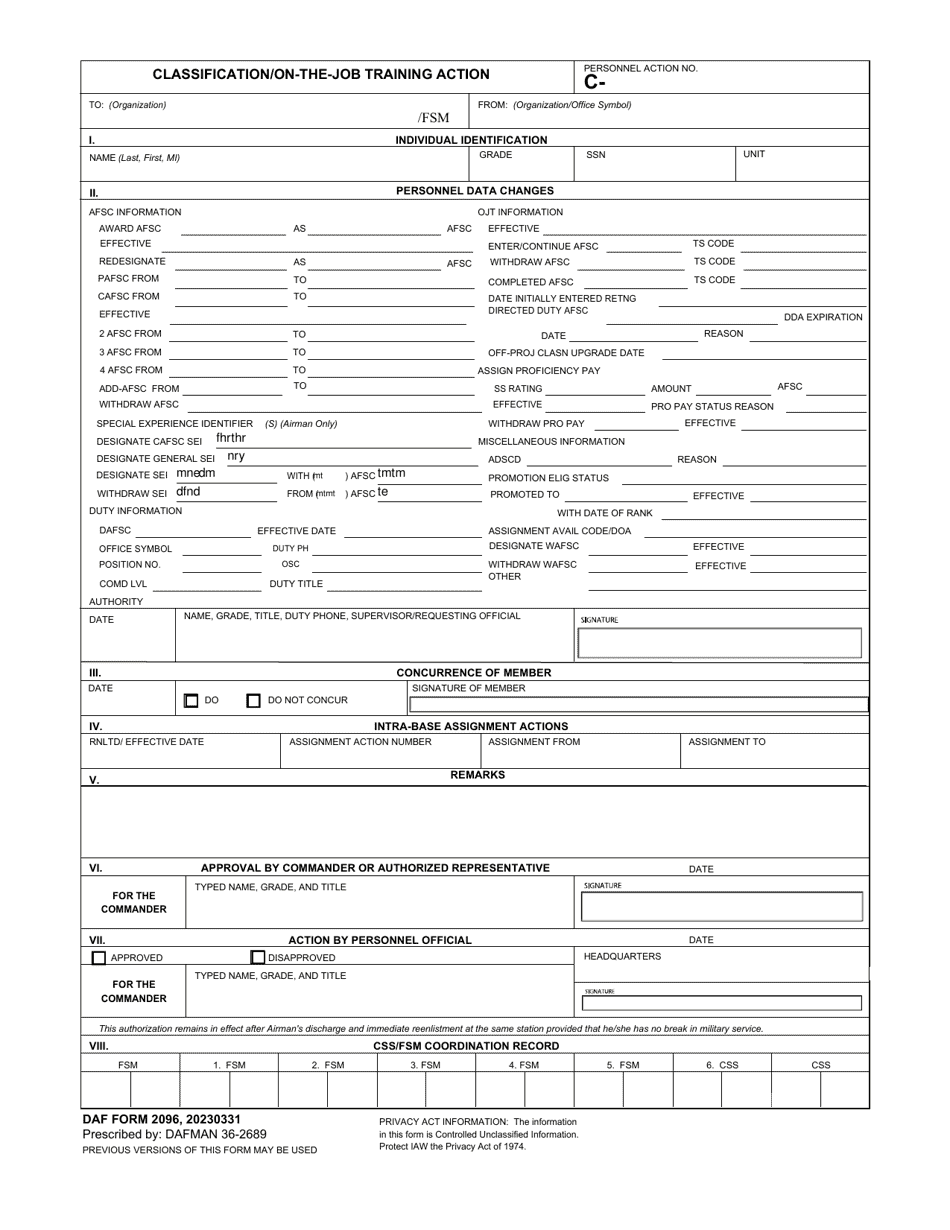 DAF Form 2096 Classification / On-The-Job Training Action, Page 1