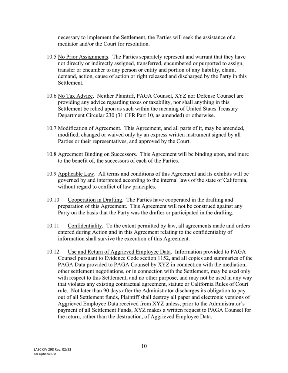 Form LACIV298 [model] Paga Settlement Agreement - County of Los Angeles, California, Page 10