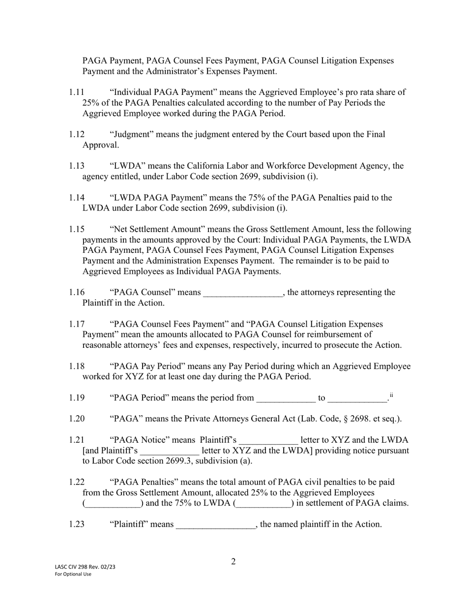 Form LACIV298 [model] Paga Settlement Agreement - County of Los Angeles, California, Page 2
