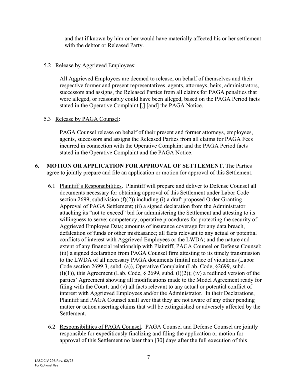 Form LACIV298 [model] Paga Settlement Agreement - County of Los Angeles, California, Page 7
