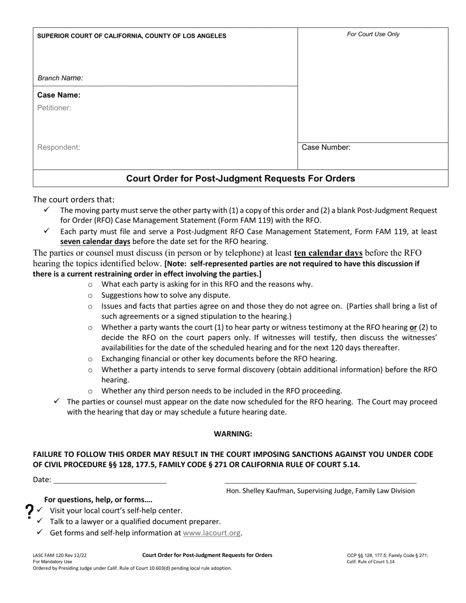 Form FAM120 Court Order for Post-judgment Requests for Orders - County of Los Angeles, California, Page 1
