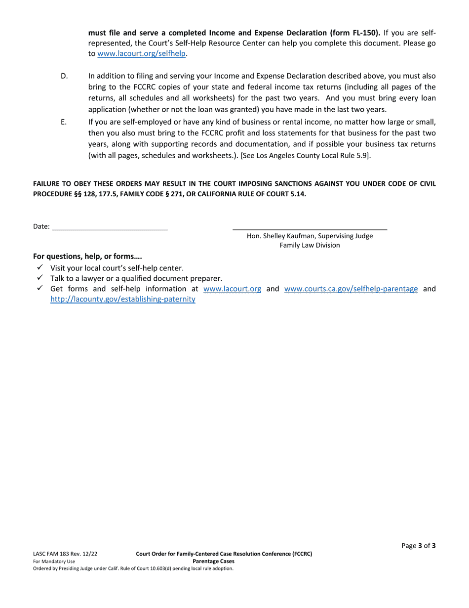 Form FAM183 Court Order for Family-Centered Case Resolution Conference (Fccrc) - Parentage Cases - County of Los Angeles, California, Page 3