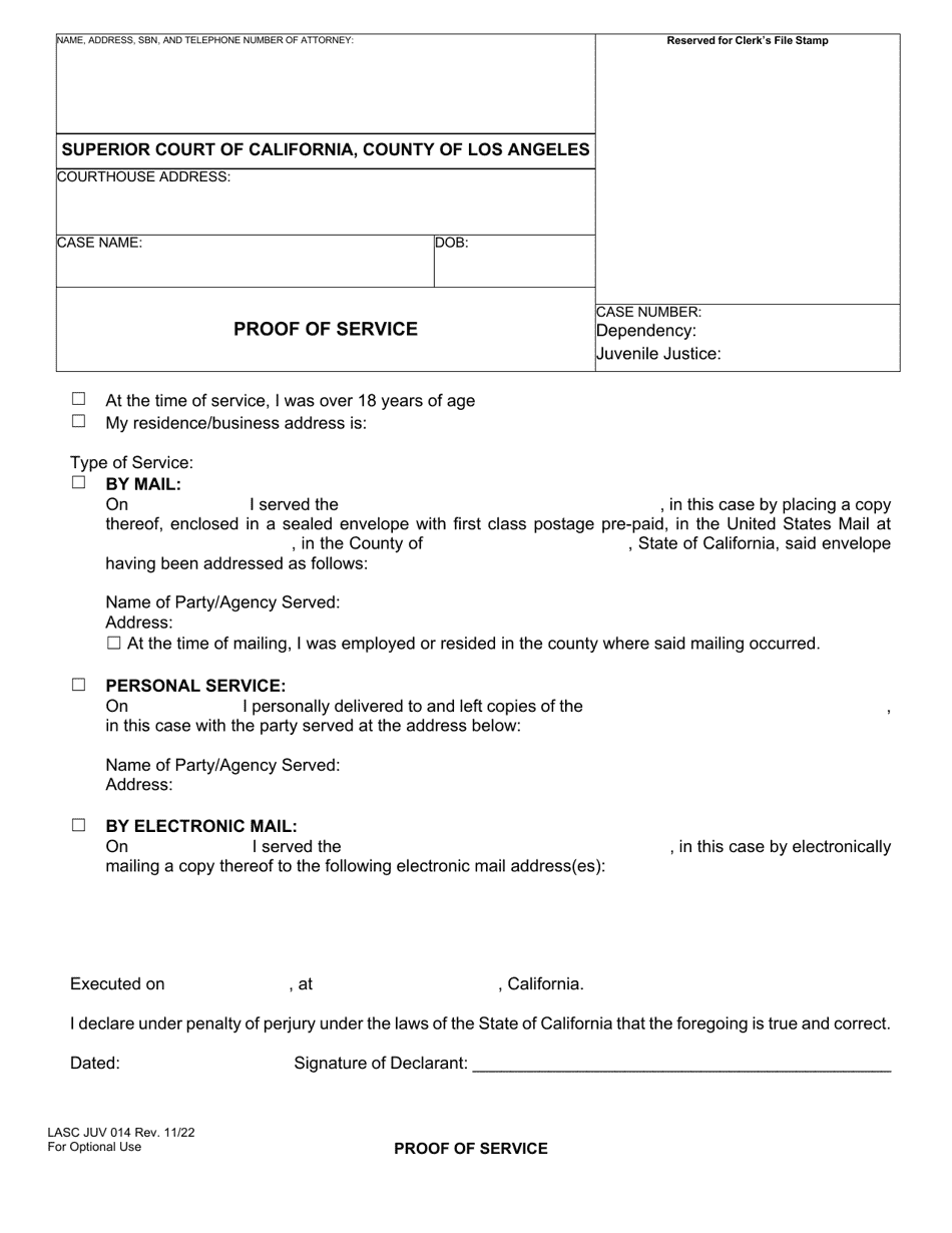 Form JUV014 Proof of Service - County of Los Angeles, California, Page 1