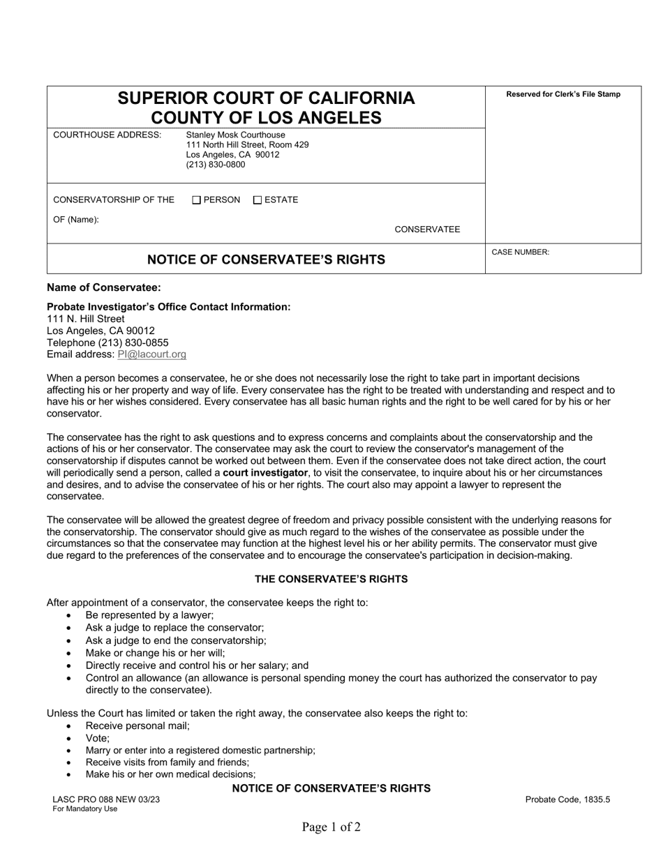 Form PRO088 Notice of Conservatees Rights - County of Los Angeles, California, Page 1