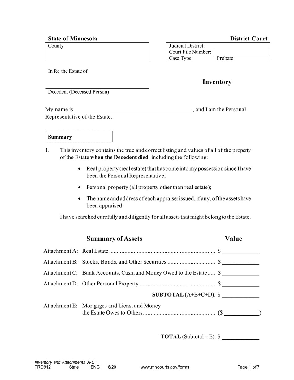 Form PRO912 Inventory - Minnesota, Page 1