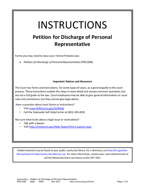 Instructions for Form PRO1304 Petition for Discharge of Personal Representative - Minnesota