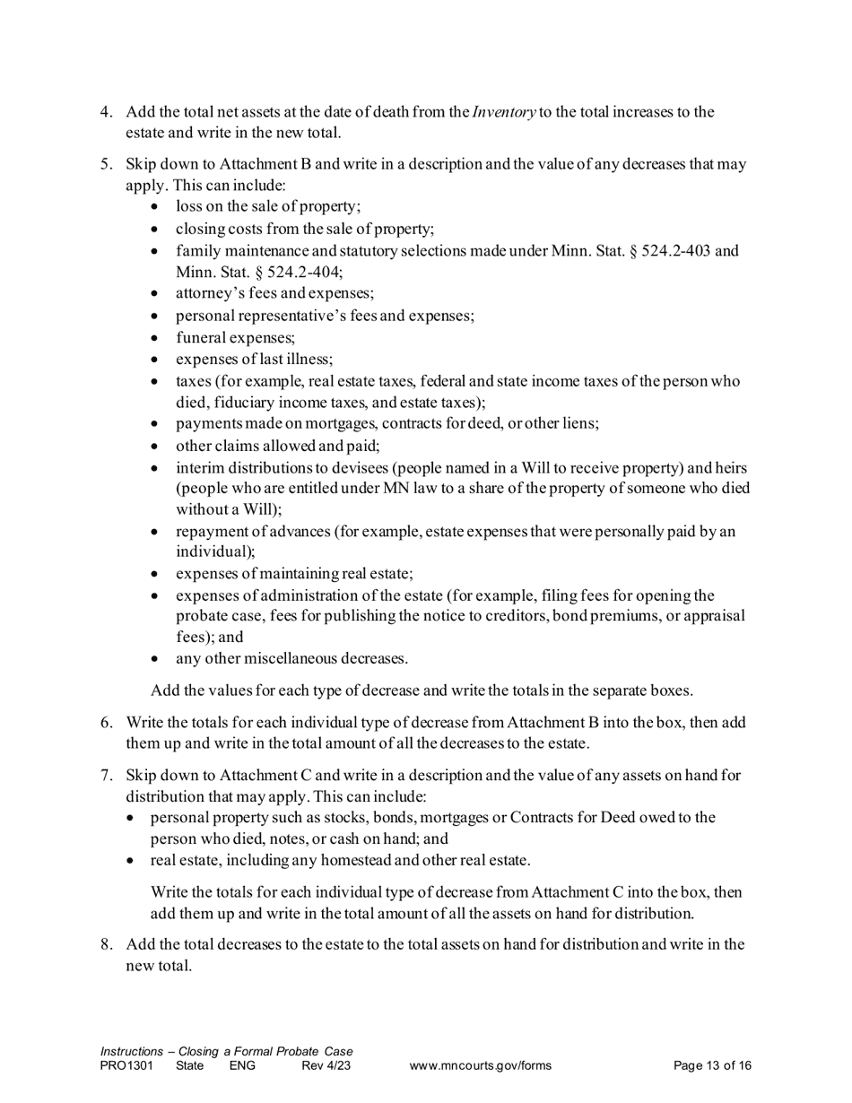 Form PRO1301 Instructions - Closing a Formal Probate Case - Minnesota, Page 13