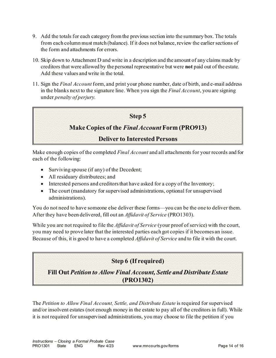 Form PRO1301 Instructions - Closing a Formal Probate Case - Minnesota, Page 14