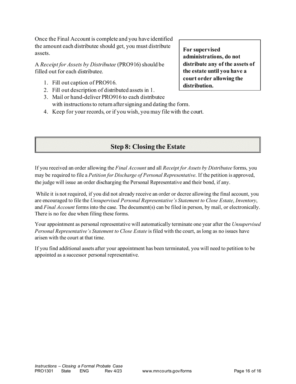 Form PRO1301 Instructions - Closing a Formal Probate Case - Minnesota, Page 16