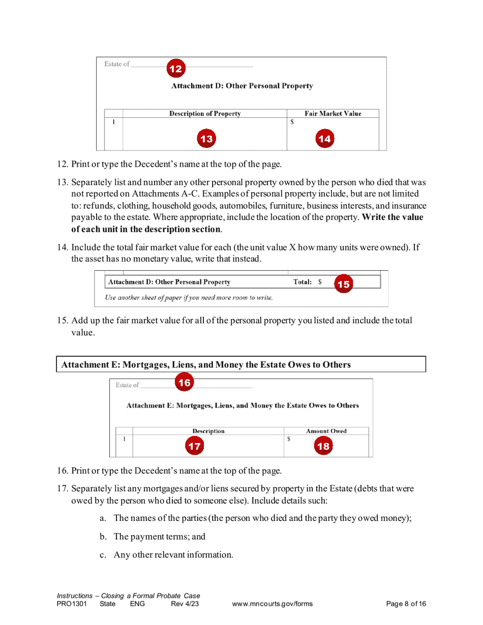 Form PRO1301 Instructions - Closing a Formal Probate Case - Minnesota, Page 8