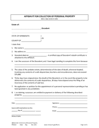Document preview: Form PRO202 Affidavit for Collection of Personal Property - Minnesota