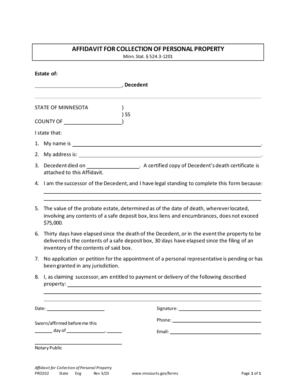 Form PRO202 Affidavit for Collection of Personal Property - Minnesota, Page 1