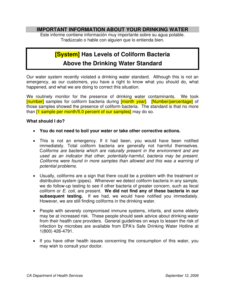 Tier 2 Unresolved Total Coliform Notice Template - Stanislaus County, California, Page 3