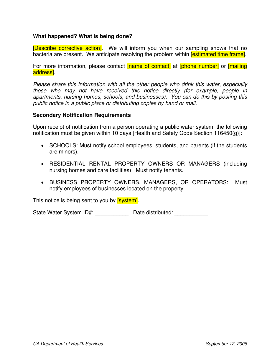 Tier 2 Unresolved Total Coliform Notice Template - Stanislaus County, California, Page 4