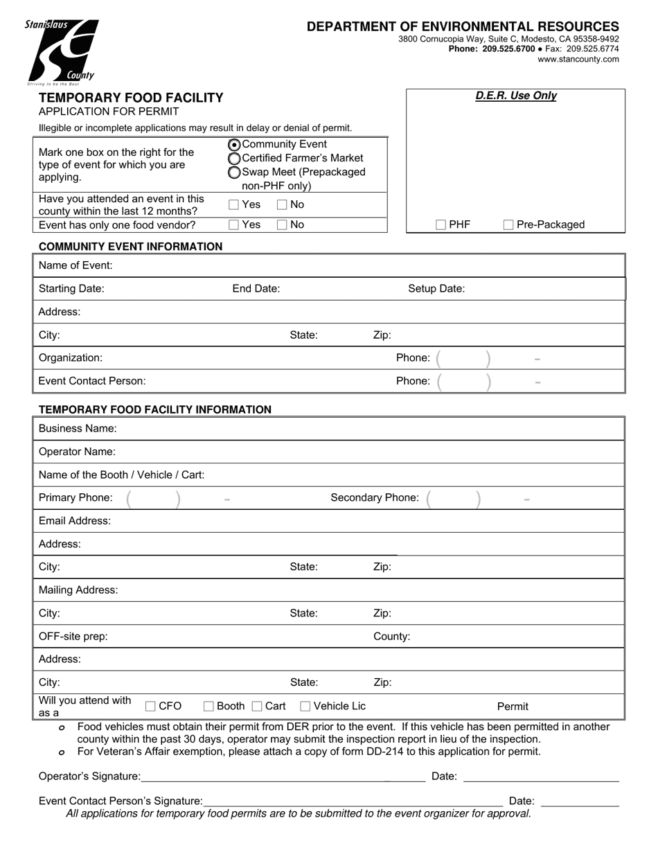 Application for Permit - Temporary Food Facility - Stanislaus County, California, Page 1