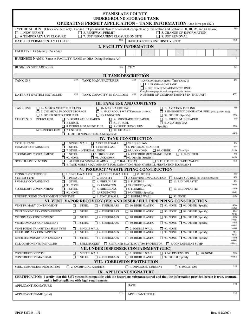 Form UPCF UST-B Operating Permit Application - Tank Information - Stanislaus County, California, Page 1
