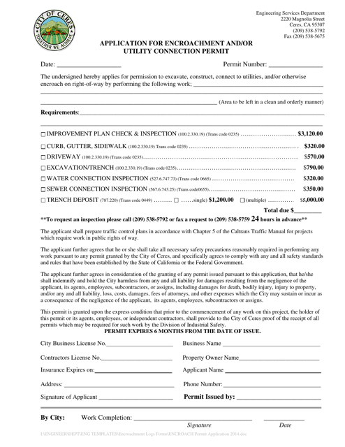 Application for Encroachment and / or Utility Connection Permit - City of Ceres, California Download Pdf