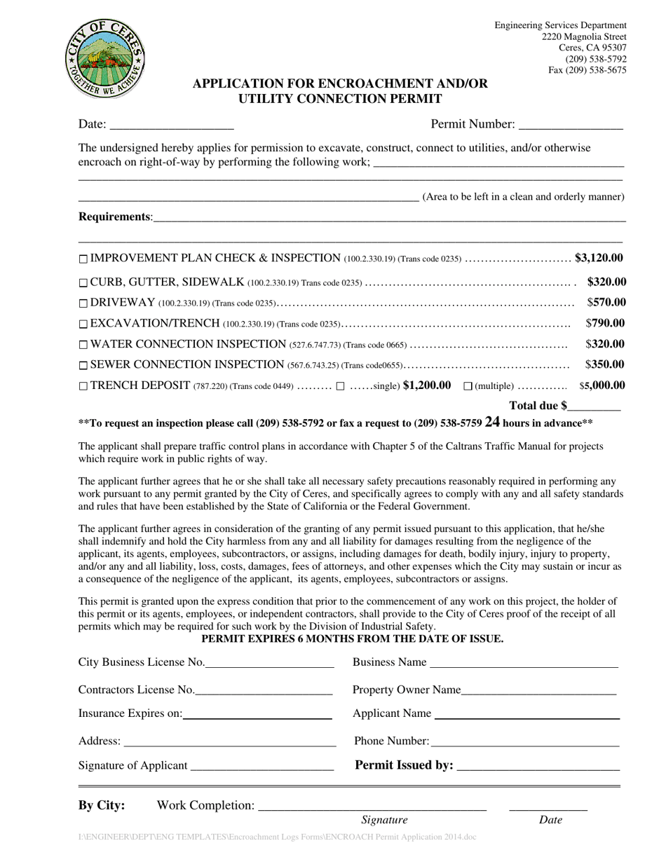 City of Ceres, California Application for Encroachment and/or Utility