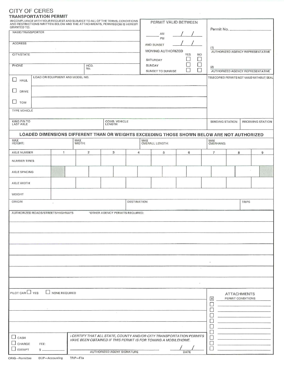 Transportation Permit Form - City of Ceres, California, Page 1