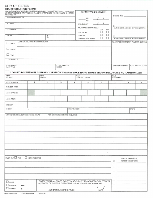 Transportation Permit Form - City of Ceres, California Download Pdf