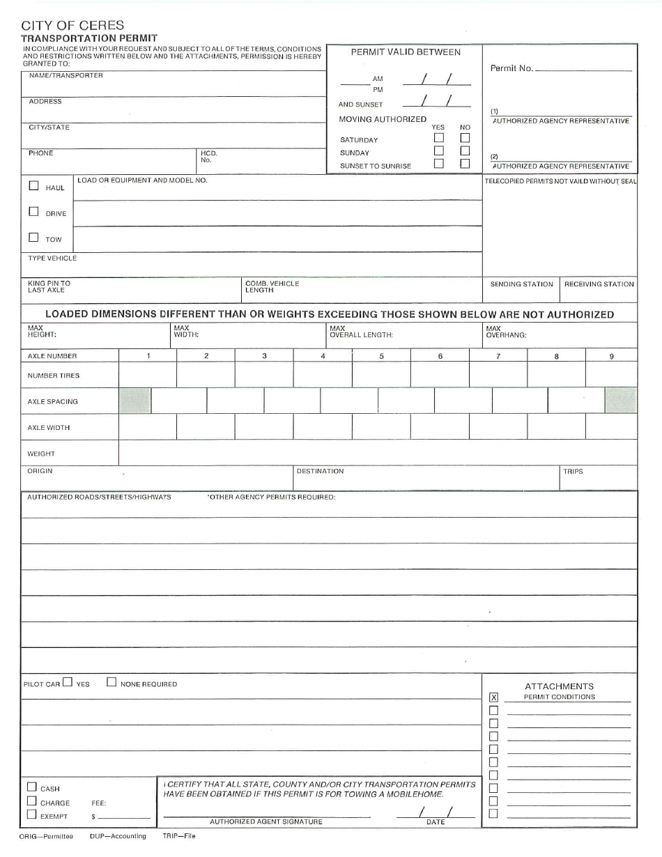 City of Ceres, California Transportation Permit Form - Fill Out, Sign ...