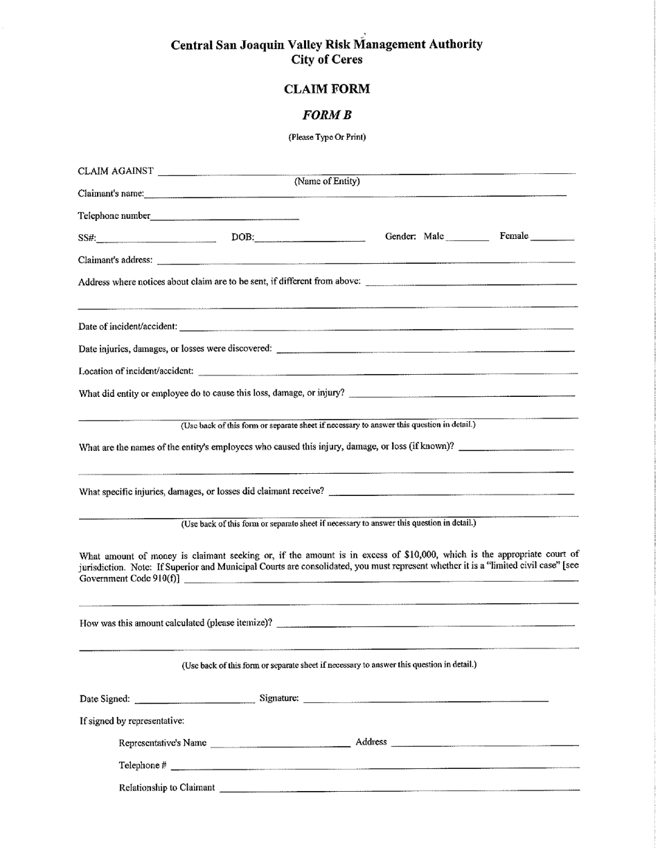 Form B Claim Form - City of Ceres, California, Page 1