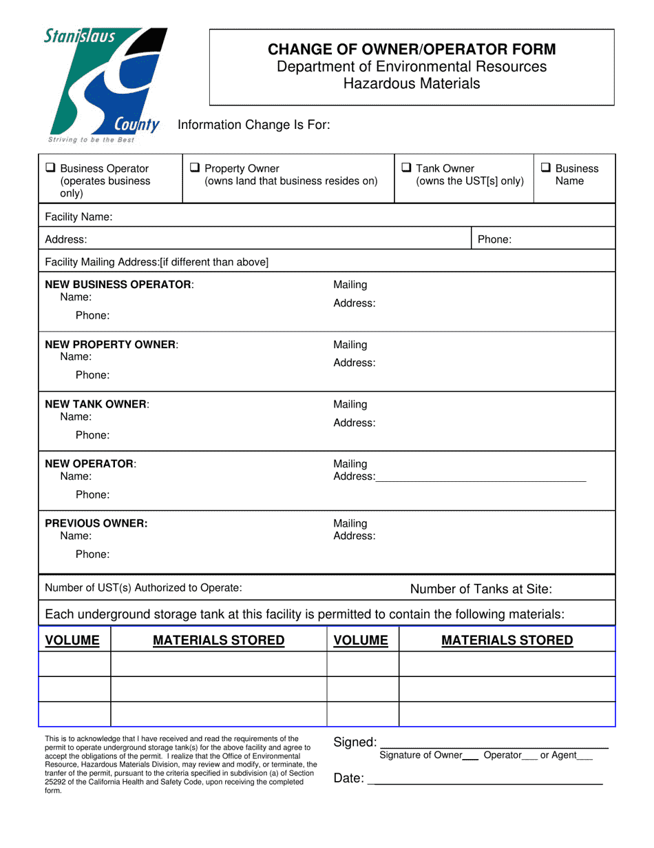 Change of Owner / Operator Form - Stanislaus County, California, Page 1