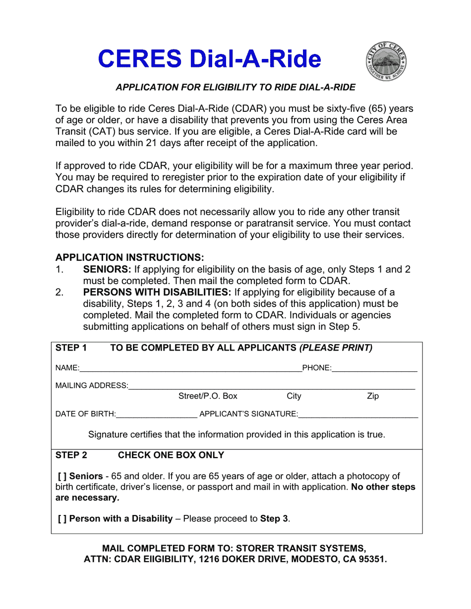Application for Eligibility to Ride Dial-A-ride - City of Ceres, California, Page 1