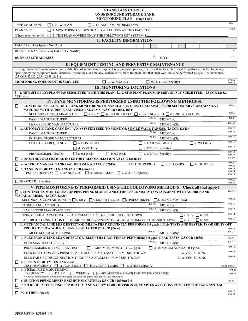 Form UPCF UST-D Underground Storage Tank Monitoring Plan - Stanislaus County, California, Page 1