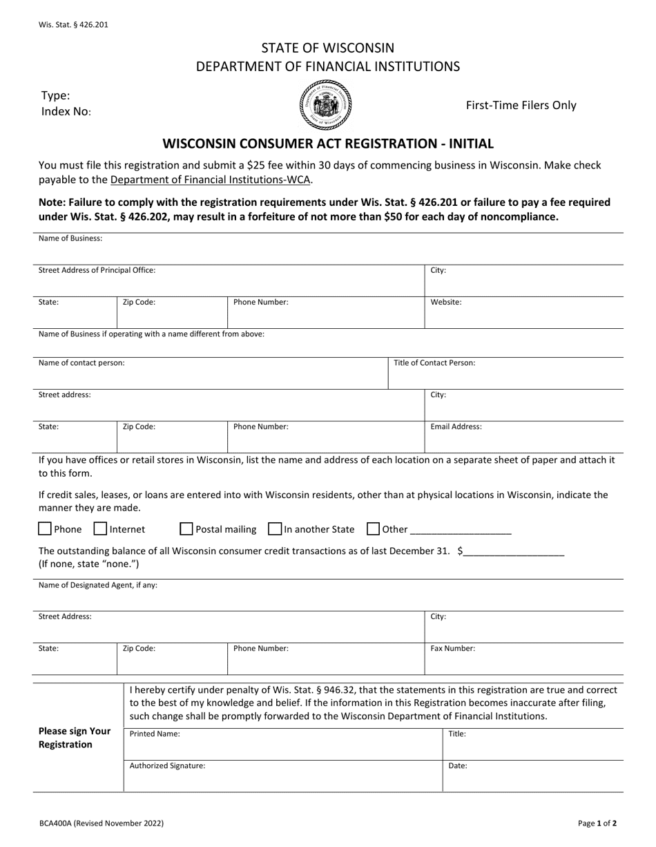 Form BCA400A Wisconsin Consumer Act Registration - Initial - Wisconsin, Page 1