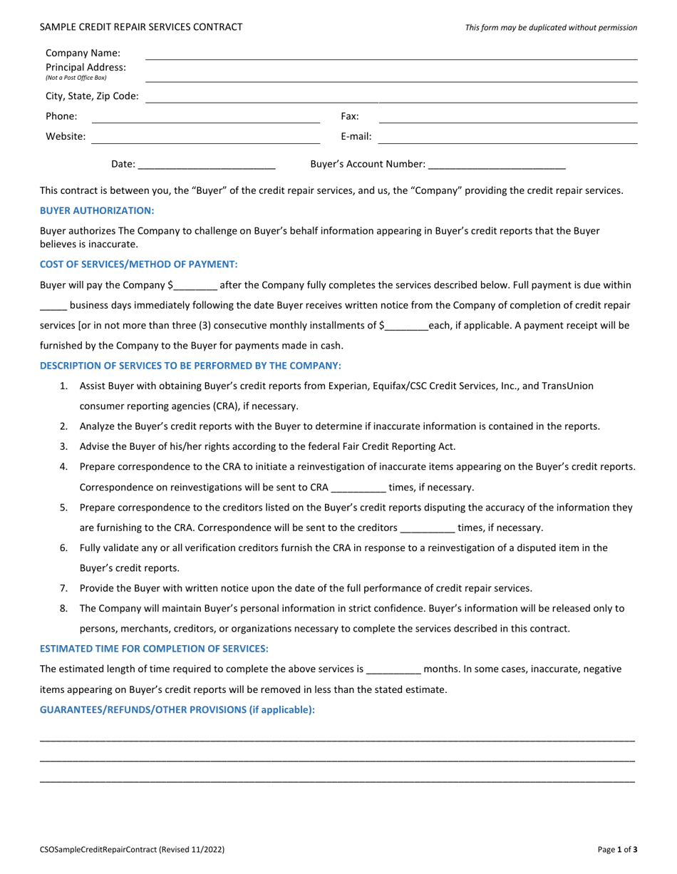Credit Repair Services Contract - Wisconsin, Page 1