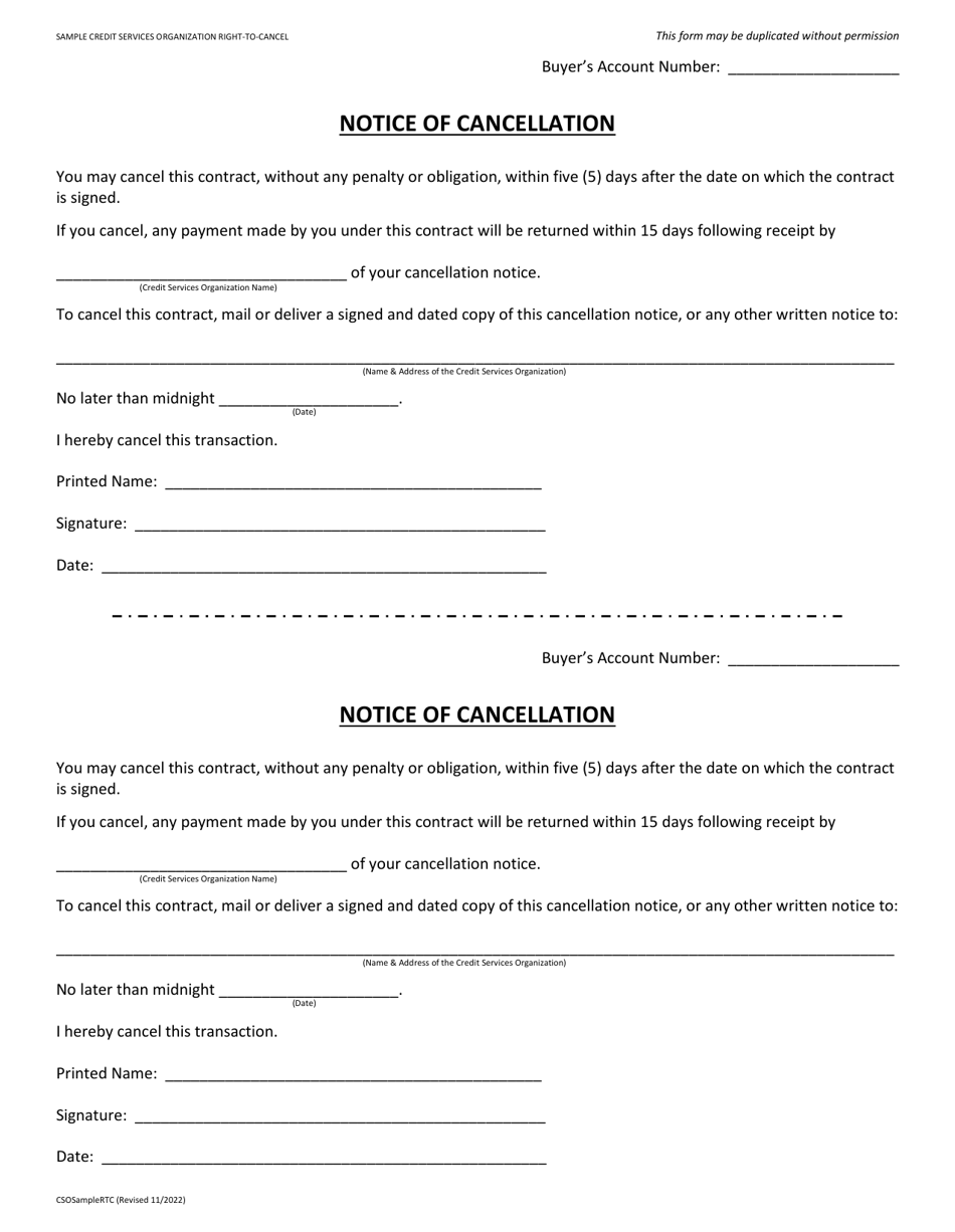 Wisconsin Notice of Cancellation - Credit Services Organization - Fill ...