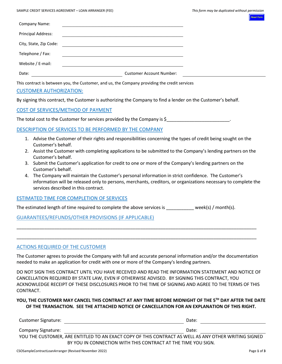 Credit Services Agreement for Loan Arrangers - Wisconsin, Page 1