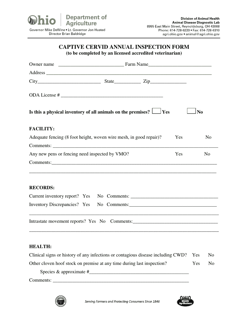Captive Cervid Annual Inspection Form - Ohio, Page 1