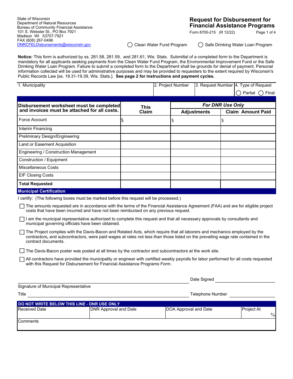 Form 8700-215 Request for Disbursement for Financial Assistance Programs - Wisconsin, Page 1