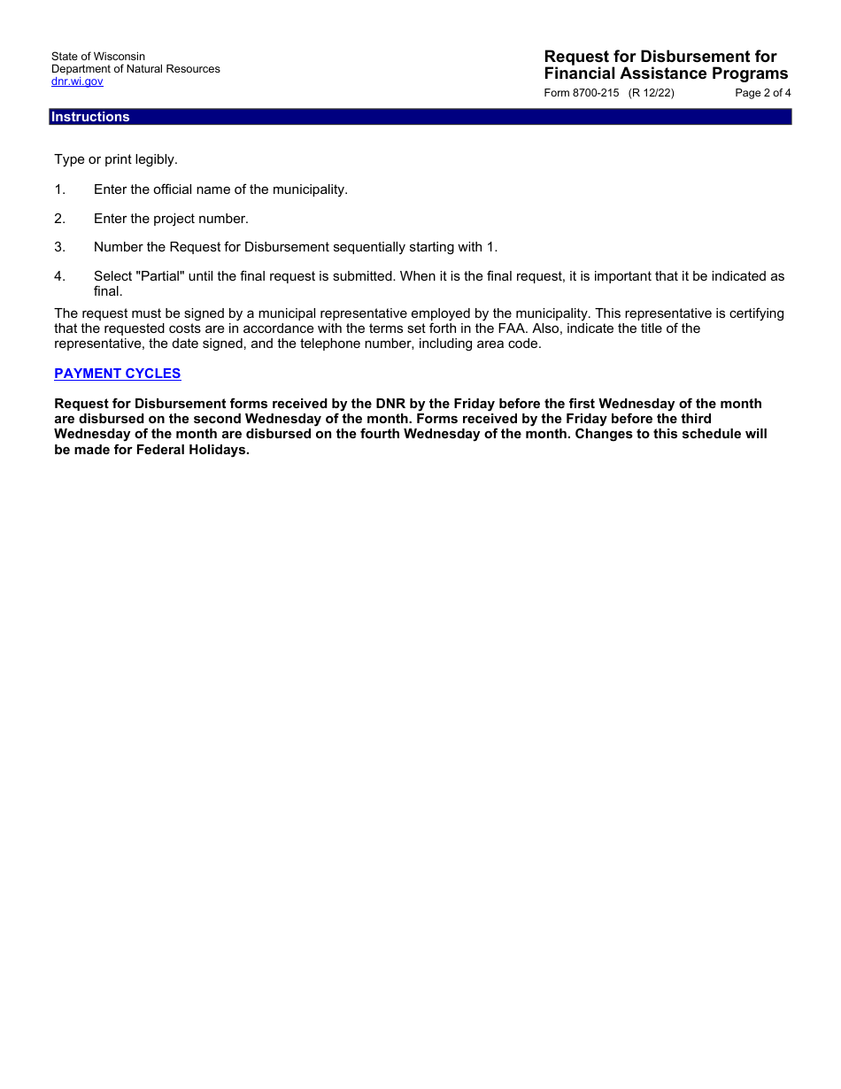 Form 8700-215 Request for Disbursement for Financial Assistance Programs - Wisconsin, Page 2