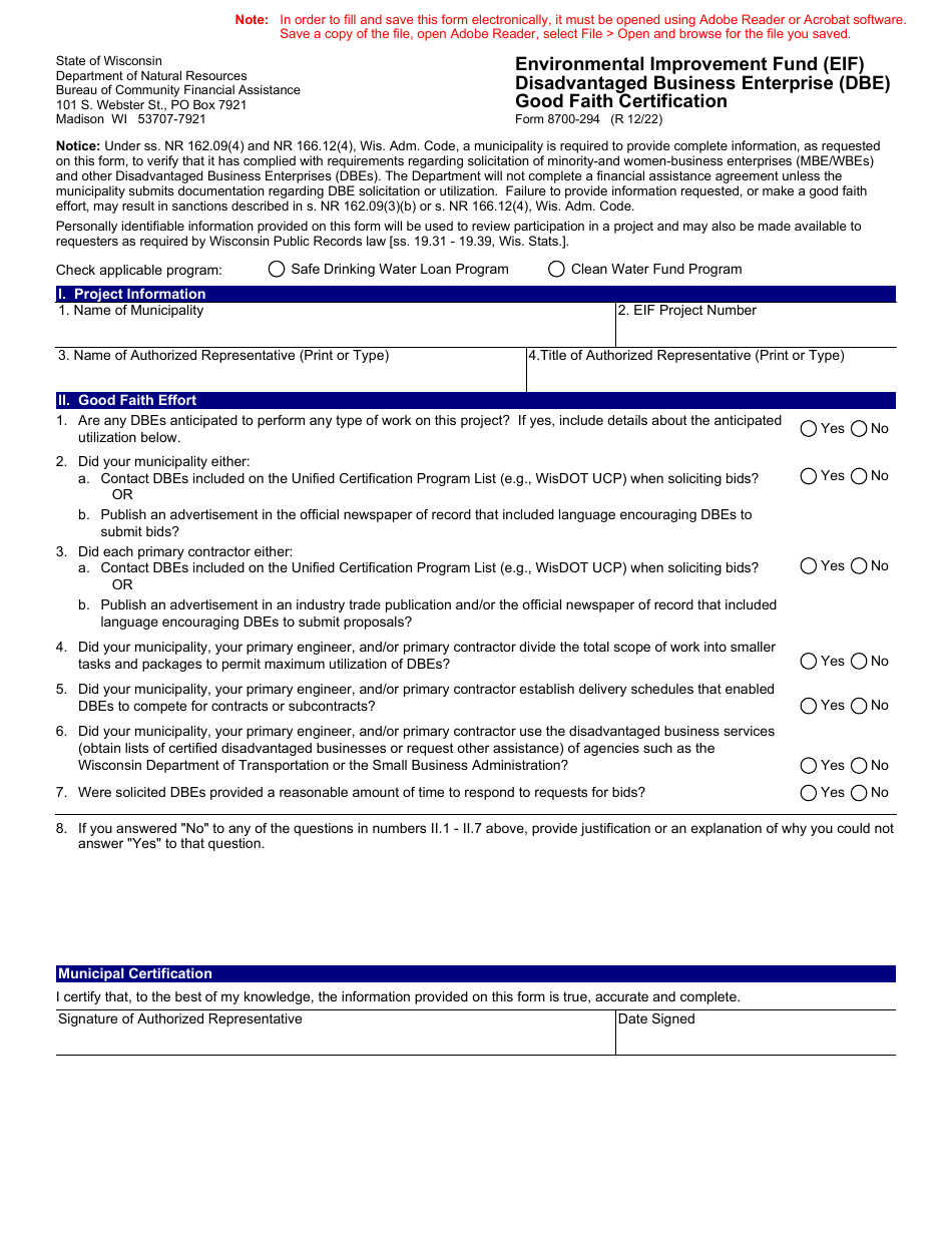 Form 8700-294 Environmental Improvement Fund (Eif) Disadvantaged Business Enterprise (Dbe) Good Faith Certification - Wisconsin, Page 1