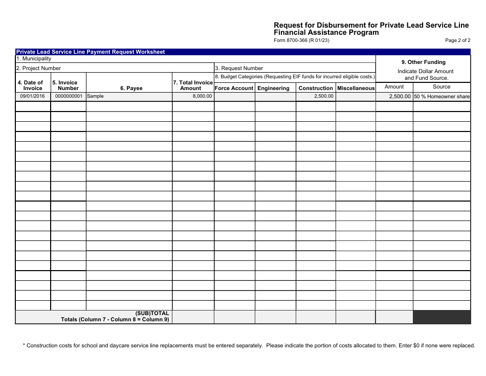 Form 8700-366 Request for Disbursement for Private Lead Service Line Financial Assistance Program - Wisconsin, Page 2