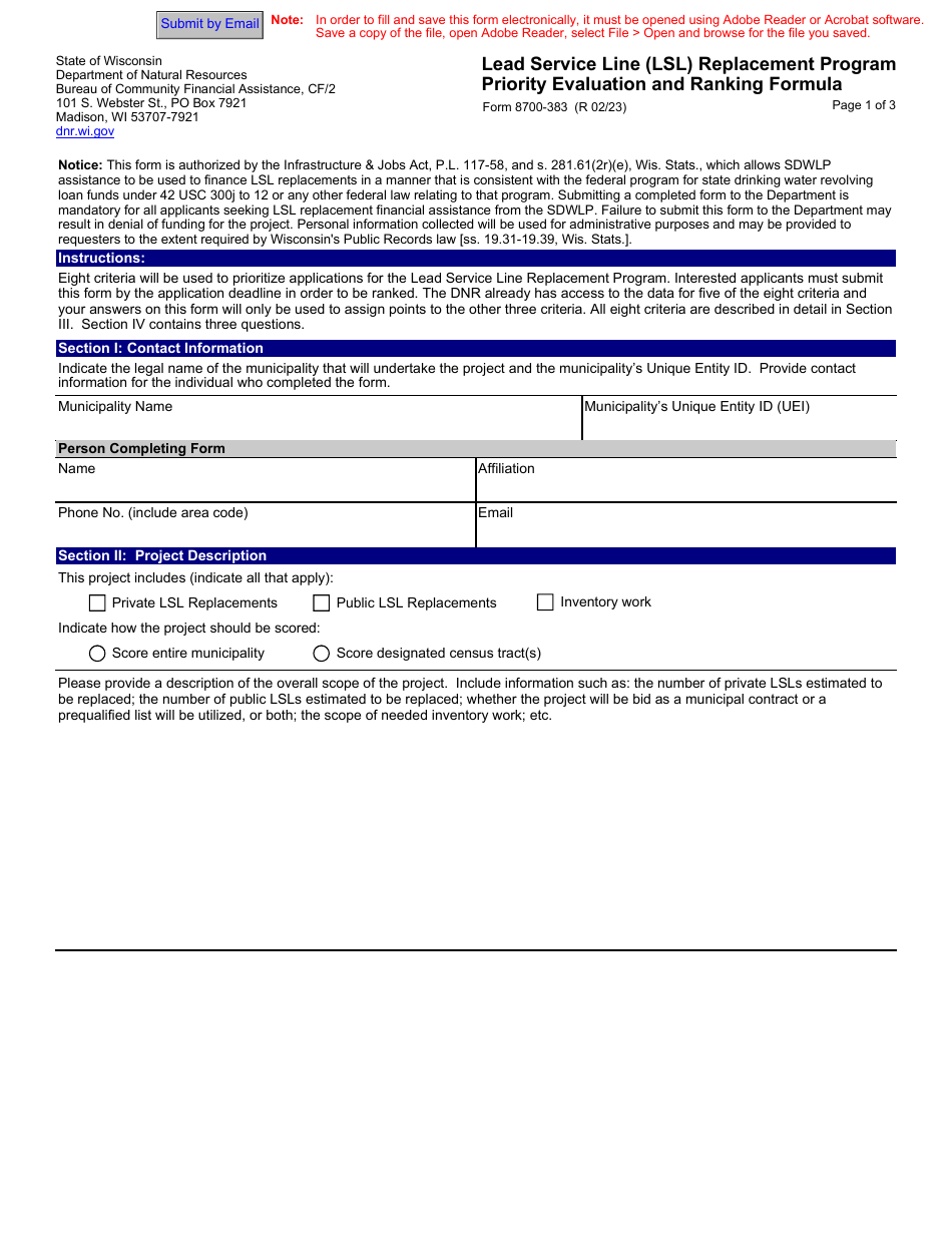 Form 8700-383 Priority Evaluation and Ranking Formula - Lead Service Line (Lsl) Replacement Program - Wisconsin, Page 1