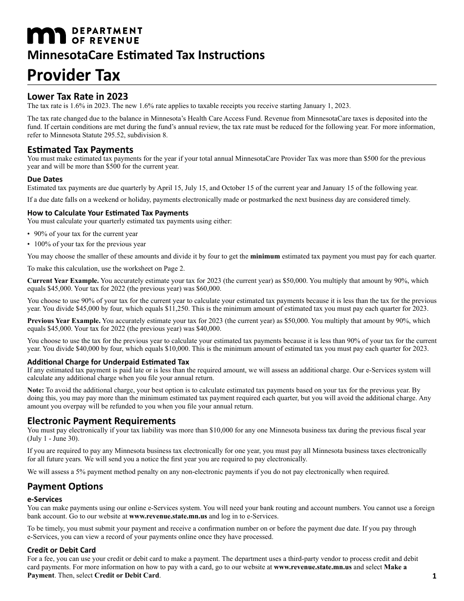 2023 Minnesota Minnesotacare Estimated Tax Instructions Provider Tax