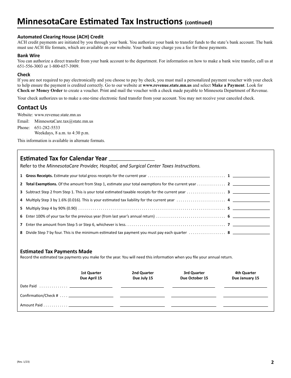 Minnesotacare Estimated Tax Instructions - Provider Tax - Minnesota, Page 2