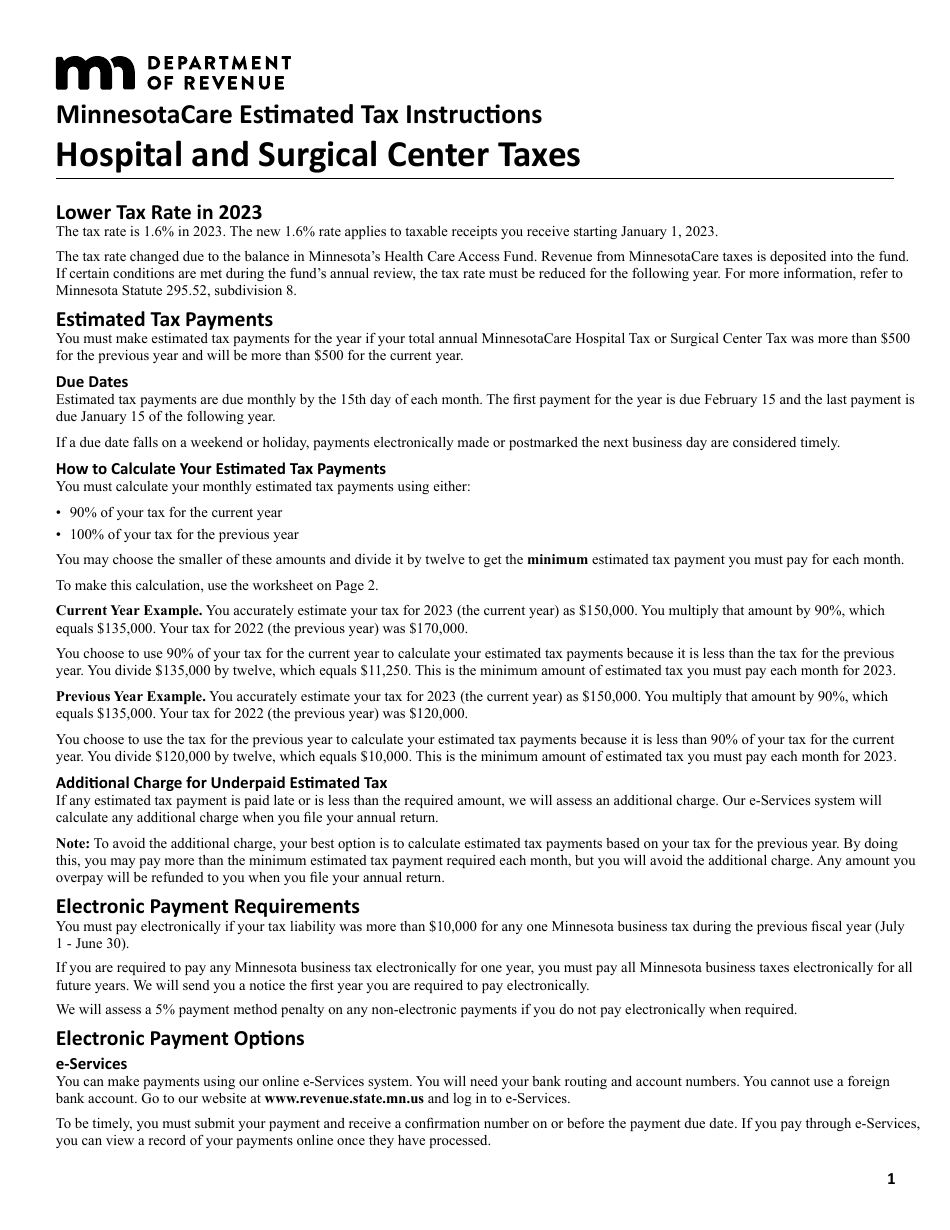 Minnesotacare Estimated Tax Instructions - Hospital and Surgical Center Taxes - Minnesota, Page 1