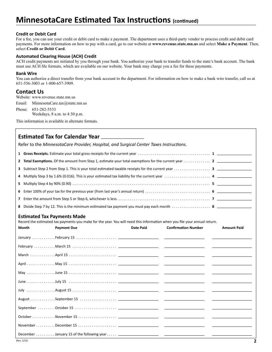 Minnesotacare Estimated Tax Instructions - Hospital and Surgical Center Taxes - Minnesota, Page 2