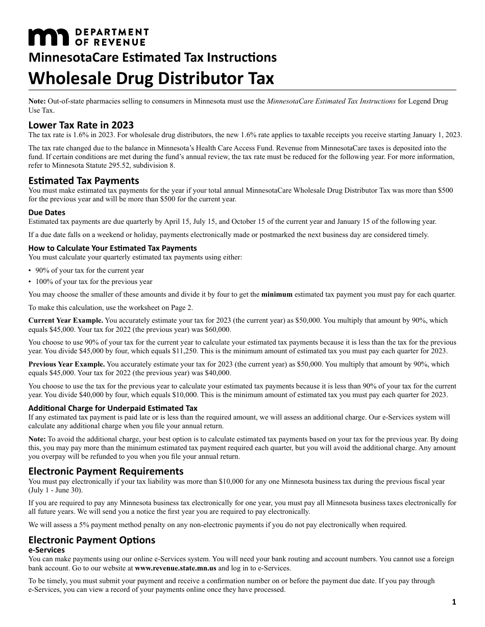 Minnesotacare Estimated Tax Instructions - Wholesale Drug Distributor Tax - Minnesota, Page 1