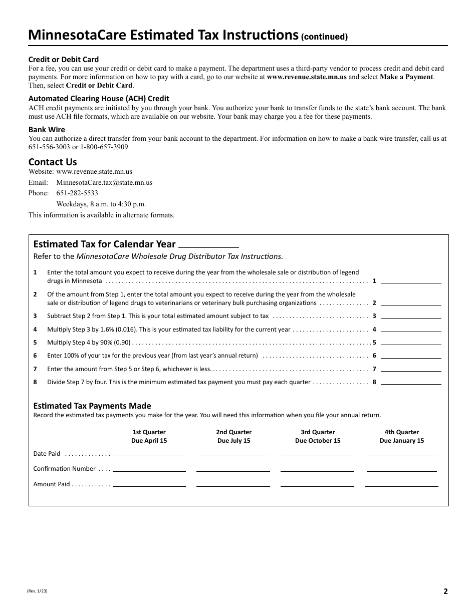 Minnesotacare Estimated Tax Instructions - Wholesale Drug Distributor Tax - Minnesota, Page 2
